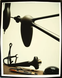 Photography polaroid close-up of several shapes, elongated lines and object, massive odd Yves Tanguy incomprehensible style, Surrealism. On the left, there are other lower shapes, similar to tools or mechanisms, randomly arranged, glossy, organic, creepy tumor mass growing, strong texture, fiotti di liquido nero, horror, panic, obsessive, hypnotic