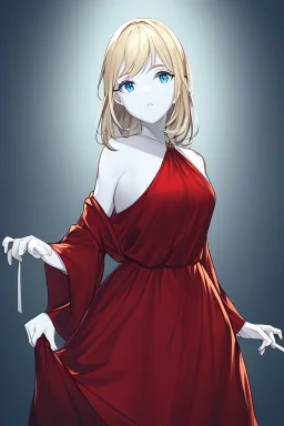 Blonde girl, white skin color, blue eyes, standing in the moonlight, handdrawn, red dress, raisedhand