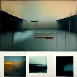 Minimal abstract oil paintings of a desolate 1960s carpark. Illuminated by a spotlights. On the floor are concrete fragments and road markings . In the dark mysterious style of Justin Mortimer and Francis Bacon.