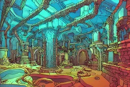 gelatinous POINT PERSPECTIVE DUNGEON sustainer ROOM filled with command, painted by Edward Gorey and Moebius and Greg Rutkowski and Paul Wenzel and George Barr and Stephen Youll,trending on artstation, iridescent cool blue and cyan and red and blue and yellow and green lighting front view futuresynth , outrun , vibrant colors, Sabattier filter , Watercolor