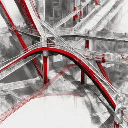 Architectural drawing of a bridge, from above white, red and black colors