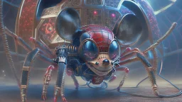 a spider mickey mouse hybrid, photorealism, movie screen capture, horror, sci-fi, retrofuturism,