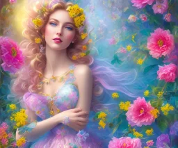 beautiful bright happy fairy portrait with long hair, thin face, two hands in a pink,blue, yellow flowers background,