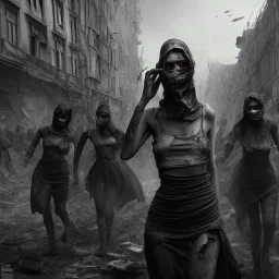 women, faces covered in black masks, ragged clothes, holding flag, war-torn, destroyed city in the background, 8k resolution, hyperrealistic, detailed matte painting, b&w, dynamic lighting, war, anarchy, terrorists