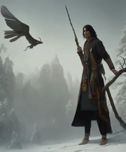 shaman, male native american, long black hair, black hooded coat like wings, 8k resolution concept art portrait by Greg Rutkowski