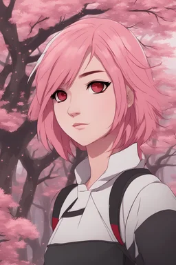 Girl with pink hair, red eyes, Sakura trees in background, RWBY animation style