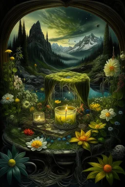 Hyperrealism against the background of a spring landscape in the forest +mirror with a tsunami whirlpool +mountains +ritual +candles+dried flowers+wildflowers+moss++decoupage of flowers+embroidery technique+braided beads+vine+moonlit night,fabulous landscape,surrealism,realism,naturalism,dot technique,microdetalization,high detail objects,digital illustration,volumetric clarity,dark fantasy,dark botanical, professional photo