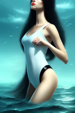 black long hair lady with white top in the ocean