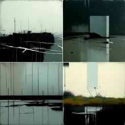 Minimal abstract oil paintings desolate 1960s carpark concrete fragments in a rain storm. style of Phil Hale , Ashley Wood. road markings.