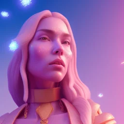 A portrait of a crystalised blue pink extraterrestrial, gold, sunny background, atmospheric, realistic, unreal engine, 8k. Cinematic lighting, octane render.