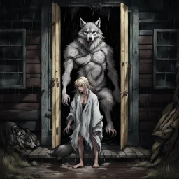 fantasy digital art of crying young female anthro wolf in gray hairy wolf body and wears just a short canvas rag around her waist , sadly face in the rain front the door, behind her an tall angry anthro dark hairy wolf man and kicks her out the door, behind in rustic halb open door in an massive wooden house, deep colors, rainy day, detailed, anthropomorphic creatures, fantasy, sci-fi mood