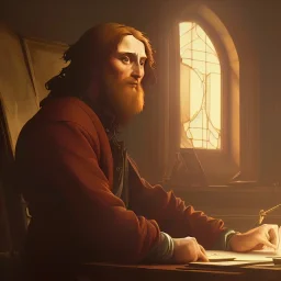 leonardo da vinci works in his study on a laptop at his desk. painting in photoshop. hyperdetailed, warm colors, movie poster, photoillustration, oil on canvas, lens flare