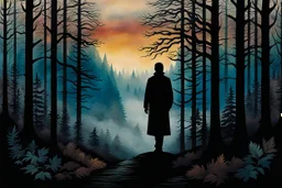 a backdrop of dusk a solitary figure silhouette of a person, is depicted, moving away from the viewer into a dense forest in a misty landscape, hinting at the need for secrecy and seclusion. The colors could be muted, evoking a sense of mystery and suspense. deep colors, harmonic stunning colors transition, black ink, mystic, surreal style, detalied, high textures, alone mood