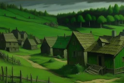 A dark green grassy town with wooden houses painted by Henri-Robert Bresil