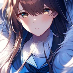 Clear focus,8k,Beatiful Lighting,Beatiful Blur,Beatiful Face,Beatiful Shading,Amber long hair,fluffy hair, long fluffy bangs, Cyan eyes, wearing a sailor uniform, Extreme Close Up