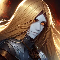 Goodness, Golden hair, Blood splatter, silver skin, portrait, max detail, hd, Long hair, dark souls style, detailed eyes, eye color blue
