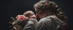 Hyper Realistic side portrait of a mother carrying her child with flowers & roses around them at night in a dark room