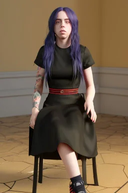 Billie Eilish, sitting on a chair, Black Short Dress, high detail