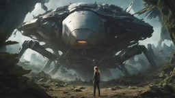 Wide-angle, woman with straight hair, dressed like a robot, with equipment in her hands, next to a crashed spaceship, in a clearing on an alien jungle world