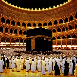 The scene in Mecca: People wearing white Ihram clothes, men without head coverings, women with veils, circumambulating around the Kaaba, and above them are transparent white spirits of children, men, and women with wings revolving around the Kaaba.