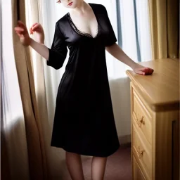 Realistic photo Russian shorthair beautiful 20-years tomboy boyish boylike young wife wide hips in black nightgown in hotel