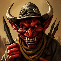 Evil wild west red skinned hobgoblin bandit smiling