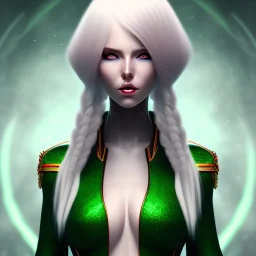 fantasy setting, redhead with white hair locks, green-eyed