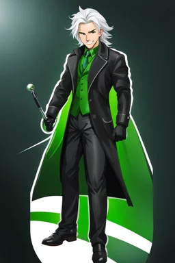 plauge doctor in balck leather coat and suit with silver hair, pale skin and bright green eyes smiling with sharp teeth, nice young face, male, viscious smile