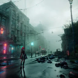 short medium shot, Pretty ciborg woman, portrait, rain, fog, white and gold dress, studio scene, blue light, red lights, hoodie, feathers, cyberpunk style, leather, vibrant color, highly detailed, art stations, concept art, smooth, unreal engine 5, god rays, ray tracing, RTX, lumen lighting, ultra detail, volumetric lighting, 3d, finely drawn, high definition, high resolution, neon background.