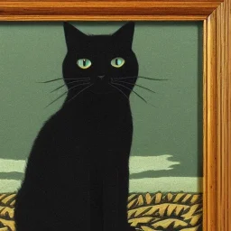 a black cat sitting on top of a wooden stump, a woodcut, by Lionel Lindsay, trending on pinterest, raytracing : :, oversized emerald eyes, mark ryden in the style of, tomohiro shimoguchi, anisotropic filtering, portrait of black labrador, the sphinx