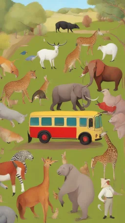 Hieronymus Bosch style , full of zoo animals bus up , 4k