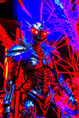 A seemingly sinister humanoid being made entirely of sharpened metal blades and spikes. It has glowing red eyes. The setting is a desert cave. The are impaled humans connected to a metal tree in the background. Photograph.