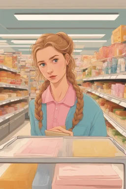 In the music video, a 23-year-old woman with brown/blonde hair and bright blue eyes. she has a messy bun. Standing in the freezer section of a supermarket. Reading a book. you can see it is cold. Wes anderson style. She is sitting in a cosy sofa with a small table next to her and a lamp. People are shopping near her. The freezers are behind her. There is only one book. You can see the shoppers next to her. The colors are green and orange.