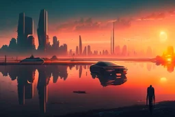 distant city, cars, sunset, lake, sci-fi, epic