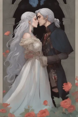 A couple from the dnd game curse of Strahd kissing. She has white hair he has long black hair. Romantic, sweet, loving, possessive, protective, kiss