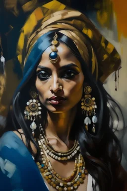 Painted portrait of Hindi woman in turban, long hair and loads of jewellery painted by paint brush in style of Braque