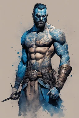 character concept illustration of a lean, blue tattooed Pict warrior, , maximalist, sharp focus, highest resolution, in the styles of Bill Sienkiewicz, Denis Forkas , and Masahiro Ito, boldly inked, 8k, coarse, gritty textures