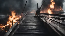 Photoreal close-up of a boat deck riddled by fire arrows shrouded in extreme darkness by lee jeffries, in the style of fantasy movies, photorealistic, shot on Hasselblad h6d-400c, zeiss prime lens, bokeh like f/0.8, tilt-shift lens 8k, high detail, smooth render, unreal engine 5, cinema 4d, HDR, dust effect, vivid colors