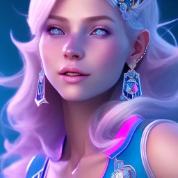 A portrait of a full body crystalised blue pink queen,smiling face, blue eyes, long blond hair, atmospheric, realistic, unreal engine, lighting