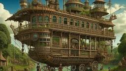 steampunk gipsy caravan crossed with a boat flying high over a jungle with platforms, verandas, and people, cogs, pulleys, intricate