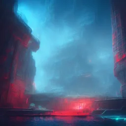 sci-fi city underwater with pyramids and ancient writings, mood is gloomy, colors include blue and red and green, shafts of lighting, mist, , photorealistic, concept art, volumetric light, cinematic