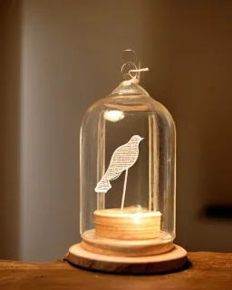 wooden bird in a bell jar, symmetrical, frosted glass, warm lighting