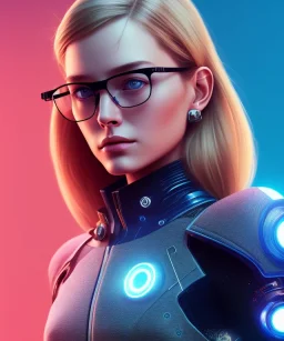 a young woman, BLONDE hair, green eyes, glasses, deep colors, cyberpunk, great pose, Realistic photography, incredibly detailed, ultra-high resolution, 8k, complex 3d render, cinema 4d, anatomically correct