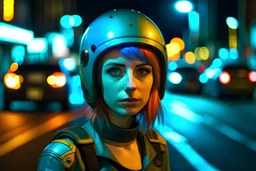 very beautiful girl, colorful hair, dressed in a car racing suit, outside background, city street in the background, at night, helmet on and open, looking at the viewer, photo taken with a Sony Alpha III camera, 50mm lens, photo taken from afar,cinematic look