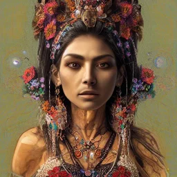Insanely detailed photograph of an “portrait of gorgeous Aztec goddess ” with intricate hair, intricate embroidered dress, beautiful clear face and hyperdetailed painting by Ismail Inceoglu Huang Guangjian and Dan Witz CGSociety ZBrush Central fantasy art album cover art,8K, hdr, romantic, mysterious, ominous, flowers, jewelry, comfort, natural eyes, "arms open for embrace"