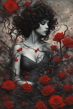 abstract creation of a beautiful girl with black curly hair, surrounded by black and red roses, wrapped in thick bushes of thorns, glass petals on the ground, winter and bright colours,dried out thorn bush, chaos,