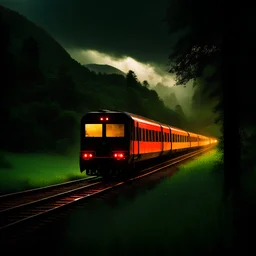 "Amidst the lush forest, rain poured down, illuminating the train with ethereal light from the sky. In a cinematic display of vibrant colors, the train boldly cut through the grass, casting a mesmerizing silhouette against the night. Witness the symphony of nature and machine intertwine in this picturesque moment."