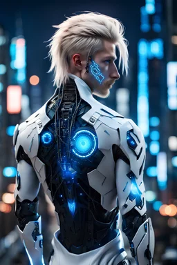 Man with Blonde Hair, small face tattoo, glowing blue cybernetic eye, black cybernetic arm, white open coat, thin silver armor underneath night, city background, high detail, 4k, cables from the back