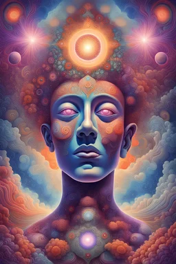 A surreal and visionary landscape filled with an ethereal, heavenly glow. At the center of the composition, a psychedelic human face, rendered in vibrant and detailed hues, appears to be floating serenely in the midst of the celestial scene. The face's features are delicately rendered, displaying an expression of deep inner peace and profound spiritual connection. The background is adorned with intricate fractal patterns, reminiscent of the infinite complexity and beauty of nature, which seamles