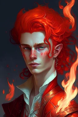 A teenage half-elf man, his hair is like red flame, flirtatious, fancy clothing